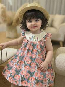 女婴春夏休闲度假甜美碎花印花拼接刺绣荷叶边宽松A字连衣裙，粉色梭织印花连衣裙 - 粉色 - 查看 6