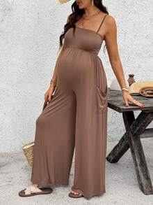 SHEIN Summer Outfits Coffee Brown Halter-Neck Ham Jumpsuit For Pregnant Women, Made Of High-Elastic Knit Fabric.  Maternity Solid Color Pleated Casual Jumpsuit, Suitable For Daily, Vacation, Travel - Brown - View 5
