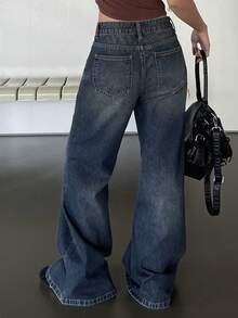 DAZY 女士低腰喇叭牛仔裤，休闲又性感 - 深色水洗藍 - 查看 5