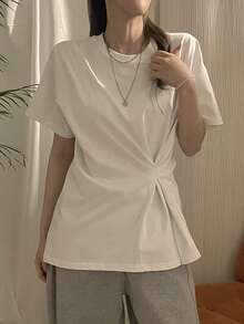 DAZY Women's White Round Neck Loose Fit Casual T-Shirt - White - View 6