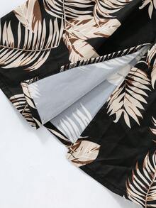 Sparklyn Tween Girls' Black Spaghetti Strap Ribbed Knit Crop Top & Palm Leaf Print Midi Skirt Set, Loose Flowy Design, Suitable For Summer - Multicolor - View 4