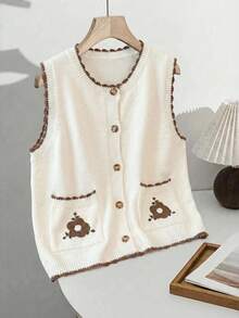 GlowEve CURVE Gilet sans manches en maille pour femmes grande taille, style rétro ample et décontracté, nouveau pour le début du printemps, beige polyvalent avec patchwork, bordure couleur café, décoré de motifs brodés - Nude - Voir 2