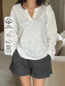 DAZY Women's Minimalist V-Neck T-Shirt And Shorts Pajama Set - White - View 3