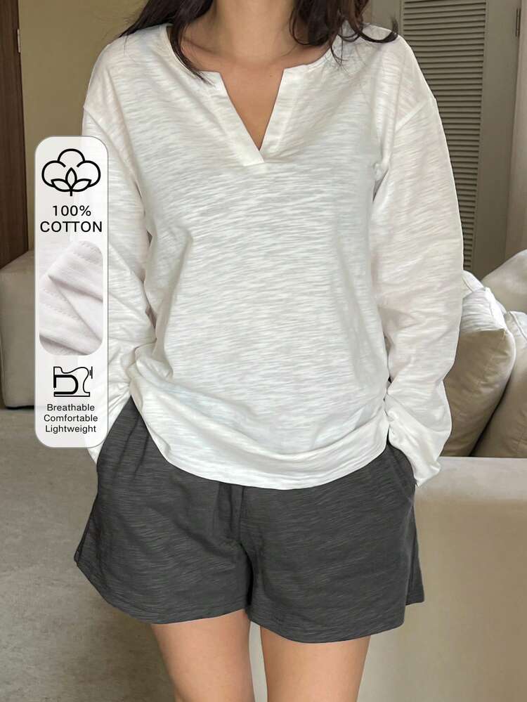 Women's Minimalist V-Neck T-Shirt And Shorts Pajama Set