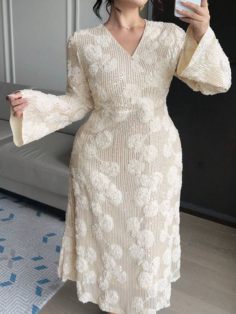 Dazy Plus Plus Size Women Elegant V-Neck Lace Embroidered Floral Flare Sleeve Waist Cinched Party Dress, White, Spring/Summer Maxi Dress Sundress