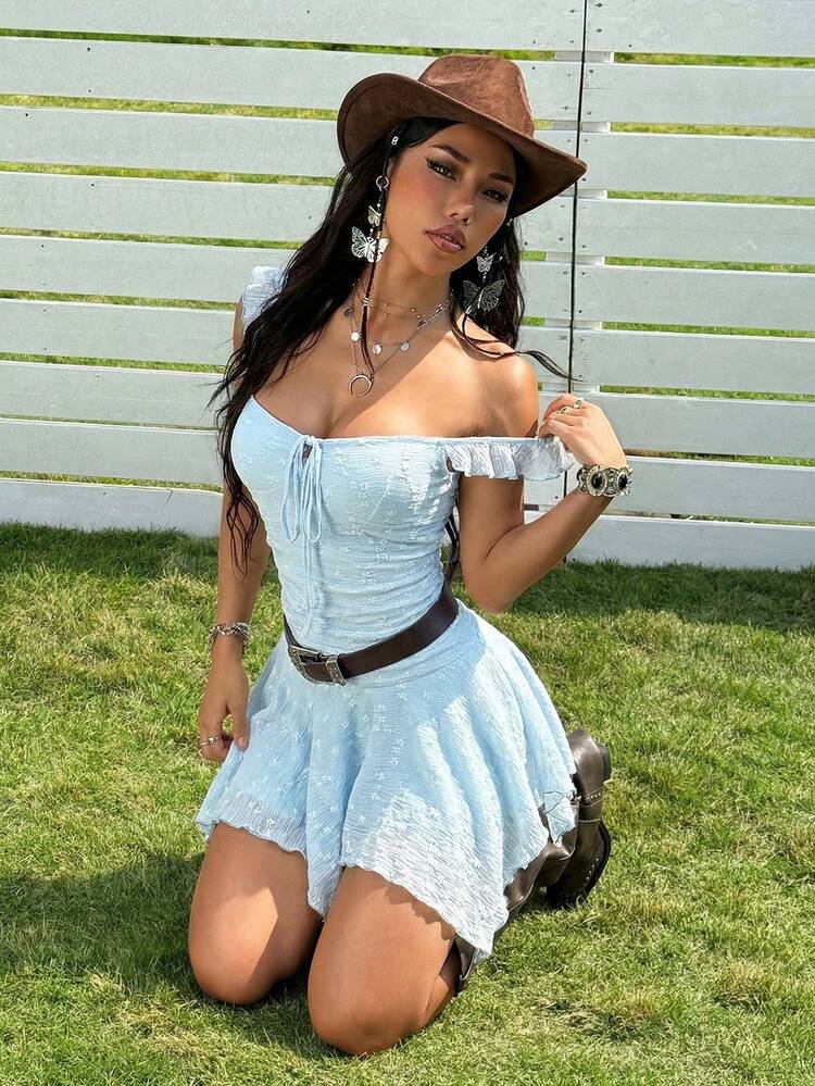 SHEIN EZwear Women's Asymmetric Hem Lace-Up Denim Mini Dress, Country Style - Baby Blue - View 1