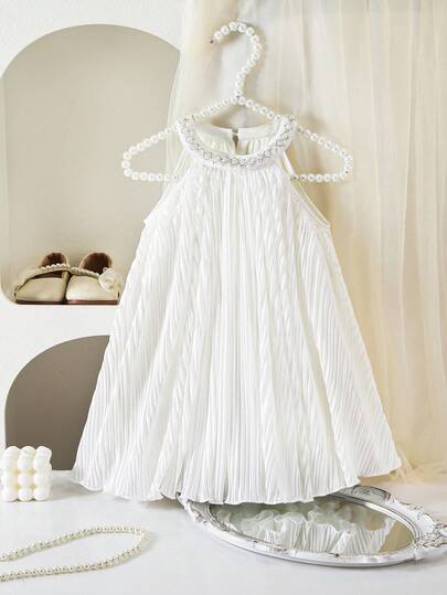 Babygirl Elegant & Cute White Pleated Pearl Decor Sleeveless Loose Dress