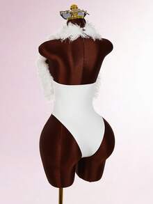 Amplova Wine Red Furry Halter Neck Sexy Bodysuit For Party - White - View 7