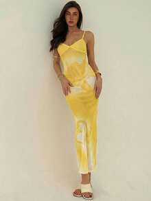 Aloruh Elegant Floral Print Cami Dress, Casual & Party Wear - Pale Yellow - View 4