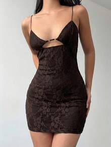 Aloruh Elegant Solid Color Cut Out Front Sexy Cami Dress, Casual & Party Wear - Coffee - View 4