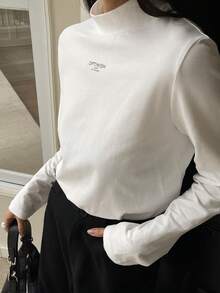 DAZY 女士高领字母印花修身长袖休闲T恤 - 白色 - 查看 6