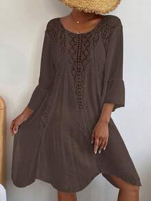 Swim Vcay 女士波西米亚风休闲度假沙滩派对镂空喇叭袖钩针编织罩衫连衣裙，春夏款 - 棕色 - 查看 4