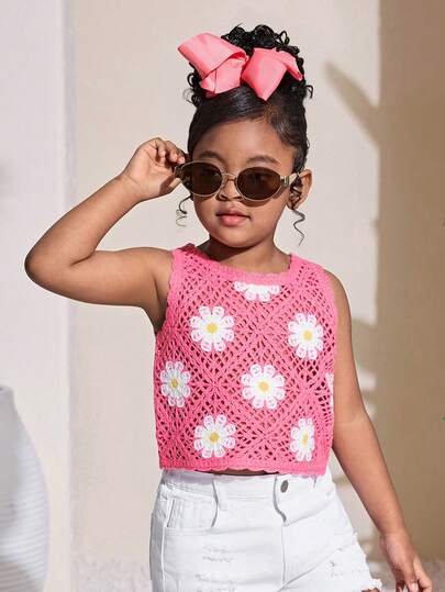 Young Girl Fashionable Vacation Fitted Camisole Crochet Floral Knit Tank Top, Pink