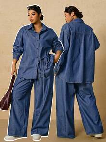 SHEIN Tall CURVE 大码女式长袖单排扣系带衬衫搭配阔腿牛仔裤休闲两件套，适合冬季、圣诞节、新年、感恩节、通勤、度假、毕业典礼等场合，兼具时尚感和Y2K风格，可爱街头风，适合派对、婚礼、商务休闲等各种场合。舒适的牛仔两件套，休闲长袖上衣搭配抽绳腰带阔腿牛仔裤，适合节日聚会等日常穿着。 - 中等水洗藍 - 查看 8