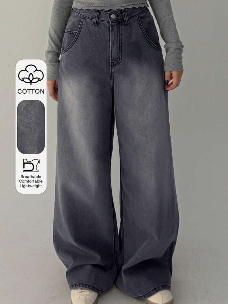 Vintage High Waist Loose Straight Leg Washed Denim Jeans For Women
