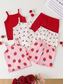 SHEIN Playful Pals 女婴舒适百搭甜美可爱吊带短裤套装，多件套夏季服装 - 彩色 - 查看 1