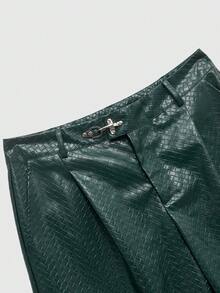 ROMWE MEN Street Life Quần short nam màu trơn, kiểu dáng tối giản, chất liệu PU có vân, thích hợp mặc thường ngày. - xanh quân đội - Xem 4