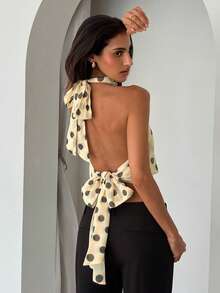 Aloruh 女士优雅圆领系带露背波点印花上衣 - 彩色 - 查看 3