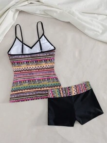 Swim Lushoire 女士印花撞色吊带泳衣套装，包括吊带上衣和印花泳裤，适合海滩、度假、春季和秋季穿着。这款吊带泳衣套装包含女士沙滩上衣、夏季上衣、吊带泳裤、保守款上衣、塑形款上衣、夏季度假款上衣、夏季沙滩装、吊带泳裤等。 - 彩色 - 查看 8