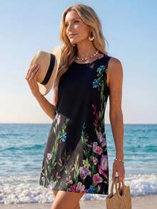 Sylviya Floral Print Tank Dress - Black - View 1
