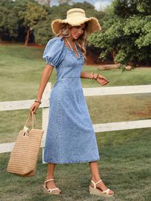Breezaya 女士休闲水洗泡泡袖牛仔连衣裙，夏季 - 藍色 - 查看 3
