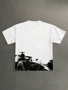 StoneGrade 男士数码字母和赛车印花休闲宽松短袖T恤 - 白色 - 查看 2