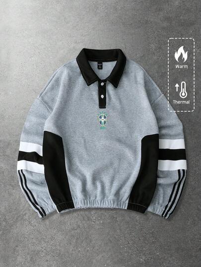 ROMWE MEN Moletom Esportivo Masculino para Outono/Inverno com Estampa de Logo em Esquema de Cores do Brasil e Retalhos em Contraste