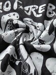 SURIMA 女士夏季撞色蕾丝标语吉他印花圆领T恤 - 黑色 - 查看 5