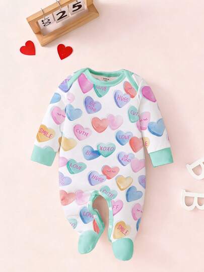 Newborn Infant Romper, Clear Macaron Color Heart Print Pattern With Cute Slogan, Super Adorable & Sweet