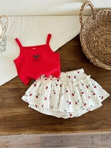 LMoss Kids 2pcs Baby Girl Knitted Solid Color Cherry Embroidery Camisole And Woven Shorts Set - Red - View 4