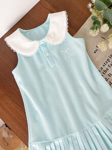 Genkimix Kids Genkimix 女童蝴蝶结刺绣前扣荷叶边下摆休闲时尚无袖连衣裙 - 淺藍色 - 查看 4