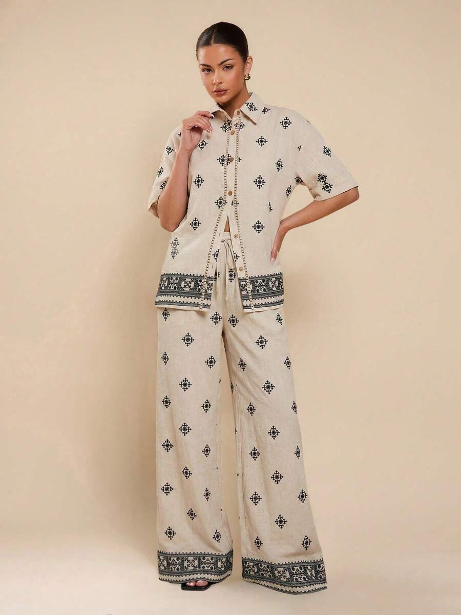 COSMINA 女款優雅米色夏季波西米亞風休閒寬鬆中袖襯衫,適合度假、通勤、辦公室穿搭 - 杏色 - 查看 1