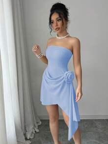 Elenzga Đầm hoa thanh lịch, lãng mạn, không dây vai, eo xếp ly, dáng chữ A màu mơ dành cho nữ, thích hợp cho ngày Valentine. - Màu xanh bụi bặm - Xem 8