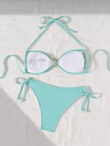Swim Mod Bộ bikini dây buộc cổ gợi cảm với khóa kim loại, chất liệu vải có họa tiết. - Màu xanh lam - Xem 3