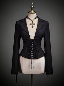 SHEIN ICON 女士时尚深色系带长袖修身上衣 - 黑色 - 查看 7