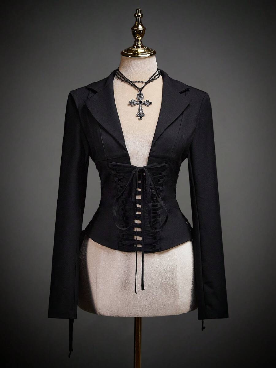 SHEIN ICON 女士时尚深色系带长袖修身上衣 - 黑色 - 查看 1