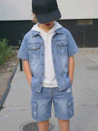 One Set Tween Boys 2026 Spring Summer New Light Blue Washed Retro Ripped Cargo Denim Suit Tween Boy Short Sleeve Shirt Collar Denim Top With Multi Pocket Cargo Shorts Fashion Cool Versatile Street Style Summer Kids Denim Two Pieces Set Boys Clothes Boys Denim Outfit Denim For Kids Boy Spring Outfits Fashion Outfit For Kids Boy Clothes For Youth Boys Outfit Sets