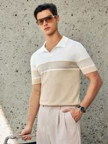 RONVEXI 男士撞色条纹图案短袖针织Polo衫夏季两件套 男士针织两件套 男士度假装 男士休闲短裤两件套 男士短款套装 - 杏色 - 查看 6