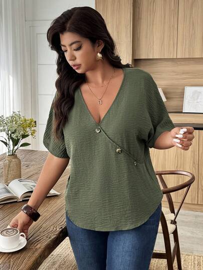 Weeklong Military Green Button Decor Oblique Collar Short Sleeve Casual Blouse, Plus Size Women, Spring/Summer