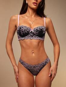 Silquee 女士花卉蕾丝蝴蝶结时尚内衣套装 - 粉色 - 查看 5