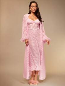 Silquee 2pcs Set: 3D Mesh Long Sleeve Asymmetrical Diamond Jacquard Robe + Fish Bone Line Waist Lace Patchwork Asymmetrical Jacquard Nightgown Valentine's Day Sexy Lace Galentines Adult Date Night  Spandex See Through Romantic Sexy Curve Pink Pure Temptation Spandex Lace Mesh Two-Piece Set Wedding Robe - Baby Pink - View 3