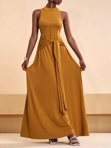 Zivah 2026春夏新款优雅无袖开衩腰带褶皱修身连衣裙，适合婚礼、派对、约会、通勤等场合。 - 棕色 - 查看 3