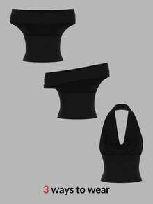 SHEIN PETITE Women's Solid Color Versatile Fashion Tank Top With 3-Way Wear: Straight Neck, Asymmetric Shoulder, And Halter Neck. Versatile Styling For Casual, Elegant, And Sexy Looks. Suitable For Daily Wear, Dates, And Occasions Halter Neck Top Off Shoulder Crop Top One Shoulder Crop Top Black Tops Women Sexy Black Off Shoulder Top Sexy Off Shoulder Top Cute Black Top - Black - View 11