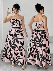Elenzga 大码女士优雅吊带褶皱腰A字连衣裙，双色树叶印花，修身A字设计，优雅精致，适合返校、毕业典礼、情人节、音乐节、母亲节、万圣节、感恩节、复活节、国庆节、舞会、约会、派对、婚礼、郊游等场合。两件套连衣裙套装，两件套长裙套装，女士两件套，优雅粉黑连衣裙，女士平价连衣裙，女士夏季两件套。 - 粉色 - 查看 1