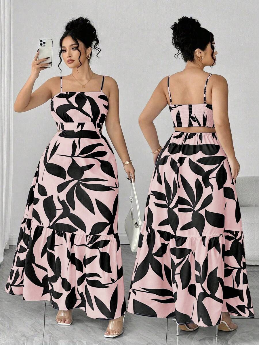 Elenzga 大码女士优雅吊带褶皱腰A字连衣裙，双色树叶印花，修身A字设计，优雅精致，适合返校、毕业典礼、情人节、音乐节、母亲节、万圣节、感恩节、复活节、国庆节、舞会、约会、派对、婚礼、郊游等场合。两件套连衣裙套装，两件套长裙套装，女士两件套，优雅粉黑连衣裙，女士平价连衣裙，女士夏季两件套。 - 粉色 - 查看 1