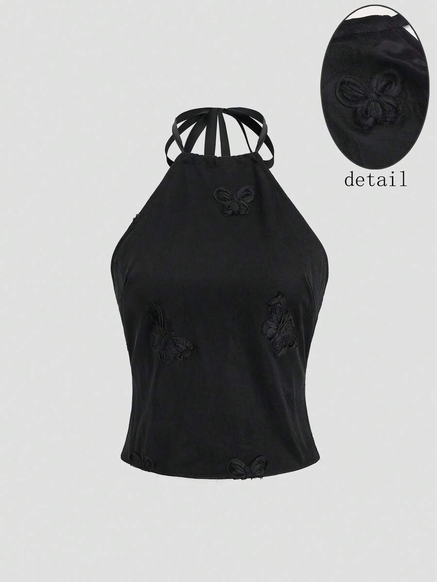 Sweetra 女士刺绣吊带细肩带上衣 - 黑色 - 查看 1