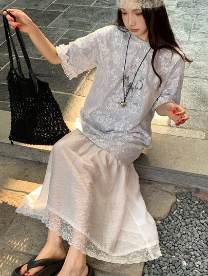 DAZY 女士圆领猫咪印花蕾丝撞色网纱连衣裙