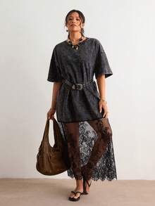 Freevana 波西米亚复古新款深色系做旧T恤连衣裙+蕾丝拼接连衣裙，休闲度假音乐节女式长裙 - 黑色 - 查看 6