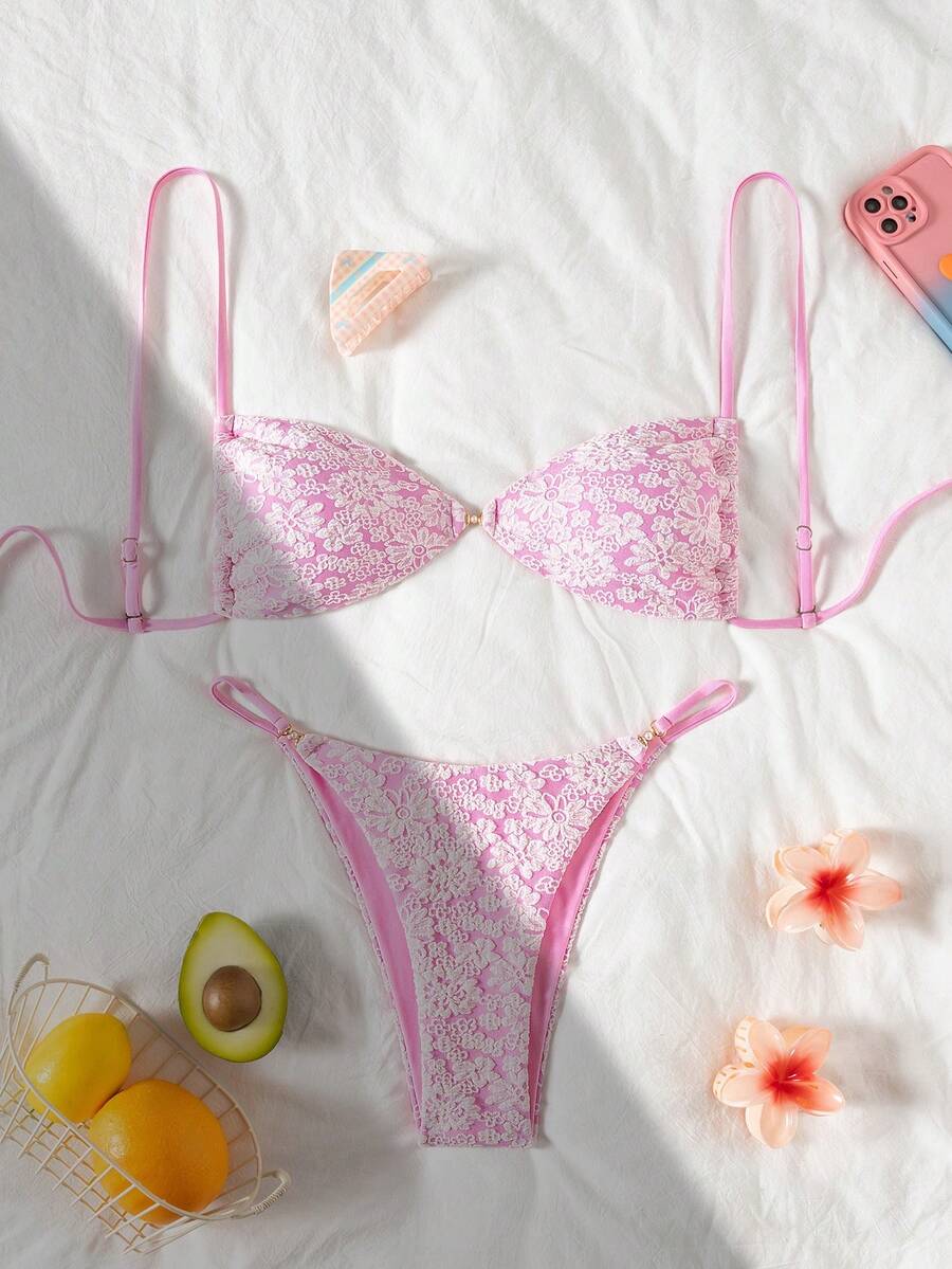 Swim Mod Women's 2pcs Floral Textured Gold Pearl Bandeau Bikini Set,Pink,Summer,Cute,Holiday,Pool Party,Holiday Lace Swimwear Bathing Suit For Women - Pink - View 1