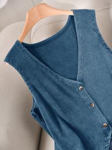 CosyJoli Plus Size Women Summer Casual Washed Front Button Camisole - Blue - View 8